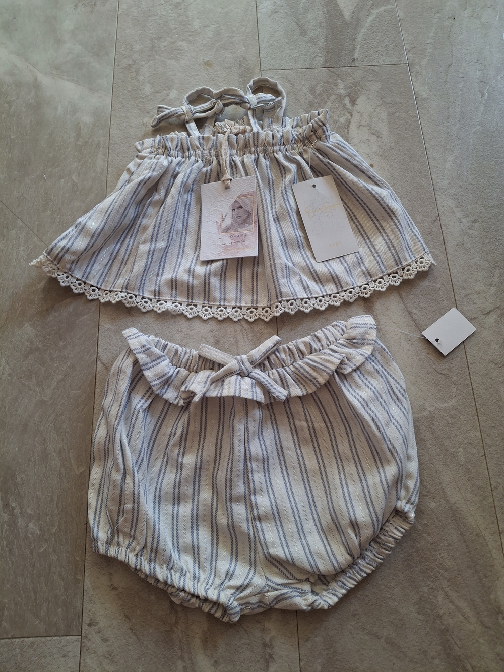Jessica Simpson Cream & Blue Striped Toddler Bloomers Set